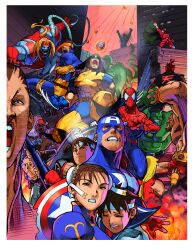 2girls 6+boys \o/ absurdres akuma_(street_fighter) arms_up bengus blackheart_(marvel) blonde_hair blue_sailor_collar bodysuit border brown_eyes brown_hair bruce_banner bun_cover capcom captain_america car china_dress chinese_clothes chun-li claws clenched_teeth closed_eyes crossover cyclops_(x-men) dhalsim double_bun dougi dress everyone fingerless_gloves game_cg gloves hair_bun head-mounted_display headband hibiki_dan highres hulk jewelry kasugano_sakura ken_masters m._bison marvel marvel_super_heroes_vs._street_fighter marvel_vs._capcom mechanical_tentacles meteor_shower mma_gloves motor_vehicle multiple_boys multiple_girls necklace non-web_source norimaro official_art omega_red on_roof open_mouth outstretched_arms ponytail ryu_(street_fighter) sailor_collar school_uniform serafuku short_hair shuma_gorath skull skull_necklace spider-man steve_rogers street_fighter teeth topknot white_border white_headband wolverine_(x-men) x-men yellow_bodysuit zangief