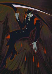 Rule 34 | 1boy, black suit, blonde hair, capcom, colored skin, darkstalkers, formal clothes, grey skin, head wings, highres, jedah dohma, looking at viewer, nun 0 nun, scythe, shinigami, solo focus, suit, wings