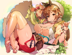 1girl arm_behind_head atelier_(series) atelier_ryza atelier_ryza_1 belt breasts bridal_legwear brown_eyes brown_hair cleavage female_focus hair_ornament hairclip hat highres jewelry large_breasts looking_at_viewer naso4 necklace red_shorts reisalin_stout short_hair short_shorts shorts skindentation smile solo star_(symbol) star_necklace thick_thighs thighhighs thighs toeless_legwear toes white_hat