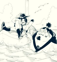 2boys bird boots chest_tattoo commentary_request crossed_legs elbow_pads facial_hair goatee greyscale half_updo hat highres holding holding_unworn_clothes holding_unworn_hat japanese_clothes jewelry jinbe_(one_piece) kimono male_focus monochrome multiple_boys necklace nrrn03 ocean one_piece outdoors pearl_necklace portgas_d._ace scar scar_on_face sharp_teeth single_elbow_pad tattoo teeth topless_male tusks unworn_hat unworn_headwear