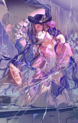 1girl absurdres bare_shoulders black_hair broken_mirror crack cracked_glass dabaijiang_memeda different_reflection dress flower full_body grin hair_flower hair_ornament hair_over_one_eye head_tilt highres indoors isolde_(reverse:1999) juliet_sleeves long_dress long_hair long_sleeves looking_at_viewer mirror off-shoulder_dress off_shoulder one_eye_covered phonograph puffy_sleeves purple_dress purple_eyes purple_flower reflection reverse:1999 seiza sitting smile solo very_long_hair