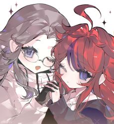 2girls ahoge aotsuki_eito blue_eyes blush closed_mouth diamond_(shape) female_focus genderswap genderswap_(mtf) glasses grey_hair hair_between_eyes highres holding_hands long_sleeves looking_at_viewer messy_hair multicolored_eyes multicolored_hair multiple_girls one_eye_closed open_mouth parted_hair purple_eyes purple_hair red_hair simple_background sumino_takumi the_hundred_line_-last_defense_academy- upper_body white_background yuri