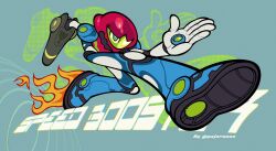 1girl afterimage arm_cannon armor blue_armor english_text fire full_body green_eyes green_visor hands_up highres metroid metroid_dread multicolored_armor nintendo normal_suit_(metroid) pajaronaa power_armor power_suit_(metroid) red_armor samus_aran solo weapon white_armor