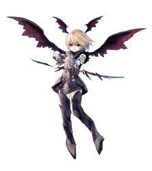 1girl aiming armor armored_boots armored_dress armored_gloves bat_wings blonde_hair bob_cut boots bow_(weapon) breasts commentary_request cross_ornament dress facing_viewer floating full_body hand_up head_wings highres holding holding_bow_(weapon) holding_weapon looking_at_viewer original riuichi short_hair small_breasts solo straight-on thigh_armor thighhighs vambraces weapon white_background wings zettai_ryouiki