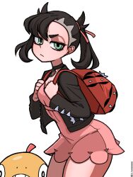 1girl backpack bag black_choker choker closed_mouth commentary_request dress earrings eyelashes gen_5_pokemon green_eyes hair_ribbon hands_up holding_strap jacket jewelry ji_heeeeeee korean_commentary leaning long_sleeves looking_at_viewer marnie_(pokemon) nintendo open_clothes open_jacket pink_dress pokemon pokemon_(creature) pokemon_swsh red_bag ribbon scraggy simple_background thick_thighs thighs twintails white_background