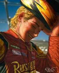 1boy blonde_hair blue_sky cars_(movie) closed_eyes commentary day earbuds earphones english_commentary helmet highres holding holding_helmet in-ear_earphones jacket kkelsey_spring lightning_mcqueen male_focus outdoors personification realistic red_jacket short_hair signature sky smile solo sportswear sweat teeth upper_body