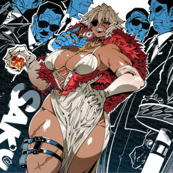 1girl bare_hips bare_shoulders black_choker blue_skin breasts choker cigarette cleavage colored_skin cowboy_shot cup dark-skinned_female dark_skin dress elbow_gloves eyepatch formal_clothes fur_trim glass gloves gold_necklace hand_on_own_hip holding holding_cup jewelry kafun large_breasts lighter lips multiple_boys necklace original pelvic_curtain pendant_choker plunging_neckline pouch red_fur ring scar scar_on_arm scar_on_face scar_on_leg scar_on_stomach short_hair skindentation smoking standing suit sunglasses thigh_strap white_dress white_gloves white_hair