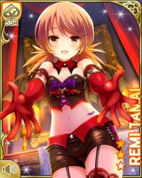 1girl :d arms_out bat_wings black_bra black_shorts black_thighhighs bow bra brown_eyes brown_hair card_(medium) demon_girl fake_wings girlfriend_(kari) gloves halloween halloween_costume looking_at_viewer low_twintails night official_art open_mouth purple_bow qp:flapper red_gloves shorts smile solo standing tagme tamai_remi thighhighs twintails underwear wings zettai_ryouiki