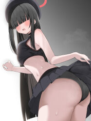 1girl absurdres aged_up alternate_costume ass black_choker black_hat black_panties black_skirt black_sports_bra blue_archive blunt_bangs blush choker clothes_lift hair_over_eyes hat highres justice_task_force_member_(blue_archive) long_hair looking_at_viewer ndrw7522 no_eyes open_mouth panties sidelocks skirt skirt_lift solo sports_bra sweatdrop underwear