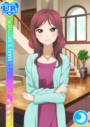 1girl aqua_jacket arms_across_body blush breasts card_(medium) character_name closed_mouth collarbone couch crescent dress english_text hand_on_own_arm hand_on_own_elbow indoors jacket jewelry long_hair looking_at_viewer love_live! love_live!_school_idol_festival love_live!_school_idol_project mature_female medium_breasts mole mole_under_mouth necklace nishikino_maki&#039;s_mother open_clothes open_jacket plant potted_plant purple_dress purple_eyes railing red_hair smile solo stairs standing star_(symbol) straight-on table tachi-e tsurime upper_body wavy_hair window wooden_floor