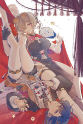 13165075695 2girls absurdres barefoot belle_(zenless_zone_zero) black_dress black_gloves black_shorts blonde_hair blue_eyes blue_hair blush china_dress chinese_clothes crossed_bangs dress fingerless_gloves gloves grin hair_over_one_eye hand_fan highres holding holding_fan jacket looking_at_viewer multiple_girls nail_polish orange_jacket purple_eyes shirt shorts smile sweety_(zenless_zone_zero) thigh_strap white_shirt zenless_zone_zero