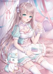 Rule 34 | 1girl, :d, apron, balloon, blush, bow, breasts, brown hair, cake, cake slice, cleavage, commentary request, dress, feet out of frame, food, fork, frilled dress, frilled thighhighs, frills, garter straps, green bow, green dress, green eyes, hair between eyes, hair bow, heart balloon, highres, holding, holding fork, holding plate, kohinata hoshimi, long hair, looking at viewer, medium breasts, open mouth, original, pink bow, plate, puffy short sleeves, puffy sleeves, purple bow, short sleeves, sitting, smile, solo, stuffed unicorn, thighhighs, two side up, very long hair, waist apron, white apron, white thighhighs