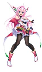 1girl aikawa_haruno bare_shoulders black_gloves black_pantyhose blue_eyes blush boots breasts earrings elbow_gloves exs-tia_ignis frilled_skirt frills full_body gloves hair_intakes hair_ornament hairband headgear highres holding holding_sword holding_weapon jewelry kamitsurugi_ouka kouyoku_senki_exs-tia_concert long_hair looking_at_viewer magical_girl medium_breasts official_art open_mouth pantyhose pink_hair pink_skirt pleated_skirt skirt solo standing sword transparent_background weapon