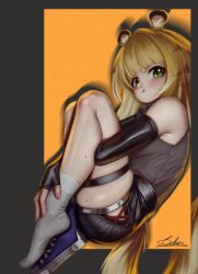 1girl absurdres animal_ears bare_shoulders bekus black_gloves blonde_hair blush breasts collared_shirt converse elbow_gloves fingerless_gloves gloves green_eyes grey_shirt highres ju_fufu long_hair looking_at_viewer shirt short_hair small_breasts socks solo tail tiger_ears tiger_girl tiger_tail very_long_hair white_socks yellow_background zenless_zone_zero