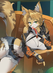 1girl animal animal_ears barleyshake belt black_belt black_gloves black_jacket blue_shorts breasts brown_hair cat cat_ears cat_girl cat_tail catnip claws cleavage cleavage_cutout clothing_cutout couch denim denim_shorts detached_sleeves drooling eating eyeshadow fingerless_gloves food furry gloves green_eyes holding holding_food jacket large_breasts long_hair long_sleeves looking_at_viewer lying makeup midriff multicolored_hair navel on_couch open_clothes open_jacket open_mouth orange_fur orange_hair ponytail pulchra_fellini shirt short_shorts shorts sleeveless sleeveless_jacket sleeveless_shirt smile spiked_gloves streaked_hair tail tongue tongue_out white_shirt window zenless_zone_zero