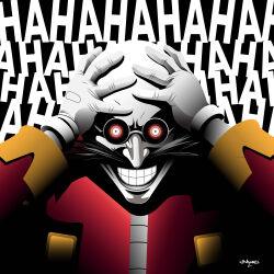 Rule 34 | 1boy, absurdres, batman (series), crazy eyes, crazy smile, dc comics, dr. eggman, facial hair, gloves, hands on own head, highres, looking at viewer, male focus, mustache, signature, smile, solo, sonic (series), sonicthebluestar, straight-on, teeth, the killing joke, upper body, white gloves