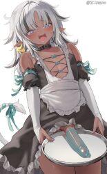 1boy apron aqua_bow aqua_ribbon armpit_crease artist_name bare_shoulders black_dress black_hair blush bow bridal_gauntlets collarbone condom condom_on_penis cowboy_shot crossdressing dark-skinned_male dark_skin detached_sleeves dress elbow_gloves erection eyelashes frilled_dress frills gloves grey_hair highres holding holding_tray jtveemo large_penis lion_tail long_hair looking_at_viewer maid_apron male_focus multicolored_hair no_panties open_mouth original parted_bangs penis pointy_ears puffy_short_sleeves puffy_sleeves purple_eyes ribbon short_sleeves sidelocks simple_background solo streaked_hair tail thighs trap tray twitter_username uncensored veins veiny_penis white_apron white_background white_gloves