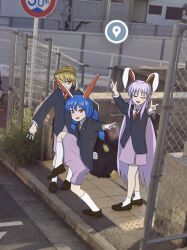 Rule 34 | 3girls, absurdres, animal ears, black footwear, blazer, blonde hair, blue hair, brown hat, closed mouth, double v, full body, google street view, hat, high school girls posing for google street view (meme), highres, jacket, long hair, looking at viewer, meme, mrk01000, multiple girls, outdoors, purple hair, purple skirt, rabbit ears, rabbit girl, red eyes, reisen udongein inaba, ringo (touhou), seiran (touhou), skirt, socks, standing, standing on one leg, touhou, v, white socks