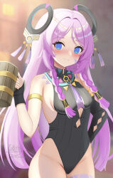1girl absurdres bare_shoulders black_gloves black_leotard blank_eyes blue_eyes blush braid breasts citlali_(genshin_impact) closed_mouth commentary_request cup facial_mark fingerless_gloves floating_headgear forehead_mark genshin_impact gloves hand_up headgear heattech_leotard highleg highleg_leotard highres holding holding_cup hyakuya_iori leotard long_hair looking_at_viewer medium_breasts purple_hair signature smile solo tankard triangle triangle_facial_mark turtleneck twin_braids twitter_username very_long_hair