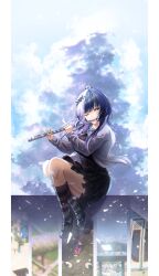 1girl ;) absurdres alternate_costume animal animal_on_head belt black_belt black_dress black_hair black_shoes black_socks blazer cloud crossed_ankles dress flute grey_hair grey_jacket grey_socks hair_ornament highres holding holding_flute holding_instrument hololive hololive_english instrument jacket long_hair looking_at_viewer multicolored_hair on_head one_eye_closed open_clothes open_jacket pebble_(koseki_bijou) petals playing_flute playing_instrument pleated_dress shiori_novella shirt shoes short_dress smile socks solo split-color_hair striped_clothes striped_socks transverse_flute virtual_youtuber white_shirt wind yellow_eyes yorick_(shiori_novella) yunitsu