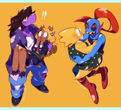 !? 4girls alphys black_dress blonde_hair blue_pants blue_skin boots brown_hair carrying carrying_person closed_eyes colored_skin couple covering_own_mouth deer_girl deltarune dress eyepatch fins fish_girl full_body furry furry_female furry_with_furry glasses happy head_fins highres hooves horns jacket kanianoreki knee_boots letterboxed multiple_girls noelle_holiday open_mouth pants polka_dot polka_dot_dress princess_carry purple_jacket purple_skin red_boots red_hair sharp_teeth simple_background surprised susie_(deltarune) teeth torn_clothes torn_pants twitter_username undertale undyne utdr_(toby_fox) yellow_background yellow_skin yuri