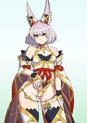 1girl animal_ears blunt_bangs breasts cat_ears chest_jewel dekura facial_mark gloves grey_hair highleg highleg_leotard highres leotard nia_(blade)_(xenoblade) nia_(xenoblade) short_hair small_breasts smile solo white_gloves xenoblade_chronicles_(series) xenoblade_chronicles_2 xenoblade_chronicles_3 yellow_eyes