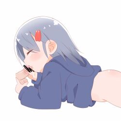 1girl all_fours ass bar_censor blush bottomless cello_(20000) censored character_request closed_eyes disembodied_penis fellatio grey_hair hair_ornament hairclip hetero hood hood_down hoodie naked_hoodie oral penis precum saliva testicles white_background
