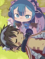 2boys android apron blue_eyes blue_hair blush bright_pupils brown_hair cape child closed_eyes dark-skinned_male dark_skin drooling grass highres long_hair looking_at_another lying made_in_abyss maid maid_headdress male_focus maruruk mechanical_arms multiple_boys navel on_back on_grass open_mouth pointy_ears reg_(made_in_abyss) saliva short_hair shota sleeping topless_male trap whistle whistle_around_neck white_pupils ximu_shilang