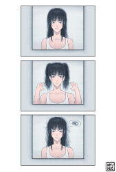 1girl absurdres artist_name black_eyes black_hair chainsaw_man closed_mouth expressionless frown hands_up highres long_hair messy mirror mitaka_asa myumui reflection smile speech_bubble spoken_squiggle squiggle twintails