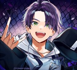 1boy :d \n/ ahoge black_jacket building chain-link_fence drawstring fence green_eyes hand_up hood hood_down hoodie jacket kenmochi_touya kenmochi_touya_(8th_costume) long_sleeves male_focus nijisanji ninahachi open_clothes open_jacket open_mouth outdoors parted_bangs purple_hair sleeves_past_fingers sleeves_past_wrists smile solo sunrise twitter_username upper_body virtual_youtuber white_hoodie wide_sleeves