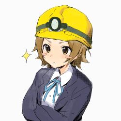 black_jacket blazer blue_ribbon blush_stickers brown_hair chinese_commentary closed_mouth collared_shirt commentary_request hard_hat helmet highres jacket k-on! neck_ribbon ribbon sakuragaoka_high_school_uniform school_uniform searchlight shaofangziran shirt short_hair simple_background sparkle tainaka_ritsu white_background white_shirt winter_uniform yellow_helmet