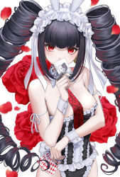Rule 34 | 1girl, arm ribbon, azaka (rionrita), bare shoulders, black hair, black leotard, black nails, blunt bangs, blush, breasts, card, celestia ludenberg, collar, commentary request, covered mouth, danganronpa: trigger happy havoc, danganronpa (series), detached collar, drill hair, eyelashes, flower, frilled leotard, frills, highres, holding, holding card, joker (playing card), leotard, long hair, looking at viewer, maid headdress, monokuma, nail polish, necktie, official alternate costume, pale skin, playboy bunny, playing card, red eyes, red flower, red necktie, red petals, ribbon, sidelocks, solo, twin drills, twintails, white background, white collar, white headdress, white ribbon, white wrist cuffs, wrist cuffs