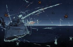 Rule 34 | absurdres, battleship, black smoke, cloud, cloudy sky, commentary, eminent domain, english commentary, explosion, firing, highres, horizon, lightning, mikecraftz, military, military vehicle, missile, naval guns, no humans, ocean, outdoors, pixel art, project wingman, projectile trail, rain, ship, ship turret, shockwave, sky, smoke, vehicle focus, warship, watercraft, weapon