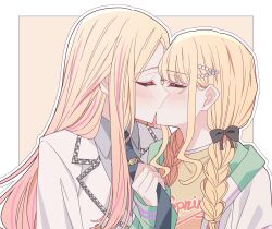 2girls black_bow black_necktie blonde_hair blush border bow braid closed_eyes collared_shirt commentary fujita_kotone gakuen_idolmaster grey_shirt hair_bow hair_ornament hairclip highres hood hoodie idolmaster jacket juo_sena kiss kousaka_0v0 multiple_girls necktie outline school_uniform shirt simple_background twin_braids white_border white_hoodie white_jacket white_outline yellow_background yuri