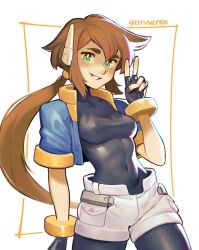 1girl aile_(mega_man_zx) biometal black_bodysuit blue_jacket blush bodysuit bodysuit_under_clothes breasts brown_hair commentary covered_collarbone covered_navel cropped_jacket effy_neprin english_commentary fingerless_gloves gloves green_eyes jacket layered_sleeves long_hair long_sleeves looking_at_viewer mega_man_(series) mega_man_zero_(series) mega_man_zx mega_man_zx_advent open_clothes ponytail robot_ears short_over_long_sleeves short_sleeves shorts simple_background smile solo spandex v white_shorts