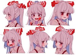 1girl blood blood_on_clothes blood_on_face blush bow closed_mouth collared_shirt commentary ear_blush fujiwara_no_mokou grey_hair grey_shirt hair_bow highres long_hair looking_at_viewer multiple_expressions multiple_views open_mouth red_eyes shirt smile suspenders sweat ta_mi_01000 touhou
