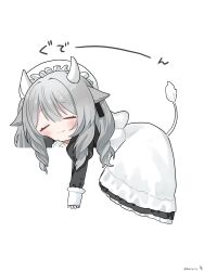 1girl :3 animal_ears apron blush chibi closed_eyes cow_ears cow_girl cow_horns cow_tail dress drill_hair full_body grey_hair hat highres horns juliet_sleeves long_hair long_sleeves maid maid_apron milltina_(vrchat) mob_cap puffy_sleeves simple_background solo tail tochisa_(tochisa513) vrchat white_background