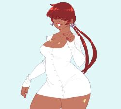 1girl 1shermieaday breasts cleavage curvy dark-skinned_female dark_skin dress earrings female_focus heart jewelry large_breasts long_hair long_sleeves ponytail red_hair shermie_(kof) skirt smile tan the_king_of_fighters thick_thighs thighs twintails wide_hips