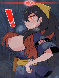 ! 1girl alpha_pokemon black_hair breasts carmine_(pokemon) hairband highres japanese_clothes kimono kurachi_mizuki large_breasts long_hair long_sleeves looking_at_viewer nintendo nipples pokemon pokemon_sv red_eyes smile solo