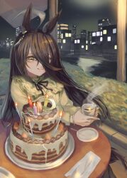 1girl absurdres ahoge animal_ears birthday_cake black_hair black_ribbon building bush cake candle candlelight closed_mouth coffee cup ear_tag earrings fire food fork frilled_shirt frills fruit grey_hair hair_between_eyes highres holding holding_cup horse_ears horse_girl horse_tail jewelry long_hair long_hair_between_eyes long_sleeves looking_at_viewer manhattan_cafe_(umamusume) multicolored_hair neck_ribbon night plate ribbon river shirt single_earring smile solo steam strawberry table tail tonariuta umamusume very_long_hair window wooden_table yellow_eyes yellow_shirt