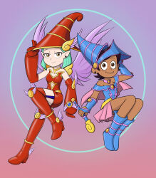 2girls amity_blight apple_magician_girl apple_magician_girl_(cosplay) bare_shoulders black_magician_girl_(cosplay) blue_boots blue_gloves blue_hat boots brown_eyes brown_hair choker cosplay dark_magician_girl dark_magician_girl_(cosplay) dark_skin dress earrings elbow_gloves female_focus fingerless_gloves floating gloves green_hair hat highres holding holding_unworn_clothes holding_unworn_hat holding_wand jewelry long_boots looking_at_viewer luz_noceda magical_girl mew-me miniskirt multiple_girls pale_skin pink_dress red_boots red_gloves red_hat short_dress short_hair skirt smile smiley_face the_owl_house unworn_hat unworn_headwear wand winged_boots winged_hat wings witch_hat yellow_eyes yu-gi-oh!