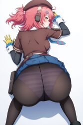 1girl all_fours ass ass_focus beret blush breasts candy cheeta_(girls&#039;_frontline_2) food from_above from_behind girls&#039;_frontline girls&#039;_frontline_2:_exilium gloves green_eyes hair_bobbles hair_ornament hat highres huge_ass lollipop long_hair looking_at_viewer looking_back medium_breasts military_uniform miniskirt mouth_hold mp7_(girls&#039;_frontline) panties panties_under_pantyhose pantyhose pink_hair raygun19 side_ponytail sideboob skirt skirt_flip solo top-down_bottom-up underwear