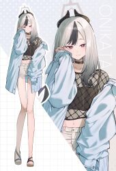 1girl absurdres alternate_costume black_camisole black_choker black_horns blue_archive camisole choker demon_horns fishnets grey_halo halo highres horns isana615 kayoko_(blue_archive) multicolored_hair shorts solo two-tone_hair white_shorts