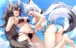 2girls :d ahoge alternate_costume animal_ear_fluff animal_ear_piercing animal_ears aqua_eyes ass barefoot bikini bikini_skirt black_bikini black_hair black_ribbon blue_bikini blue_sky braid breasts cloud commentary crossed_bangs day double-parted_bangs flipped_hair fox_ears fox_girl fox_tail frilled_bikini frills hair_between_eyes hair_ornament hair_ribbon hairclip halterneck highleg highleg_bikini highres hololive large_breasts long_hair looking_at_viewer low_ponytail medium_breasts multi-strapped_bikini_bottom multicolored_hair multiple_girls navel ocean official_alternate_costume ookami_mio open_mouth outdoors pentagram ponytail red_hair ribbon shirakami_fubuki shirakami_fubuki_(hololive_summer_2019) side_braid sideboob sidelocks sky smile soles spiked_hair stomach streaked_hair string_bikini swimsuit symbol-only_commentary tail very_long_hair virtual_youtuber wavy_mouth white_hair wolf_ears wolf_girl wolf_tail wszkii yellow_eyes
