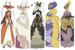 5girls antennae beautifly black_dress blue_dress breasts butterfly_wings creatures_(company) detached_sleeves dress dustox earrings fur_(clothing) galvantula game_freak gen_3_pokemon gen_4_pokemon gen_5_pokemon hair_over_eyes hat hat_feather high_heels highres humanization insect_wings jewelry kricketune masquerain medium_breasts multiple_girls necklace nintendo pokemon purple_dress torori_toro_(oimo_kenpi) white_dress winged_hat wings