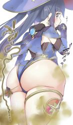1girl absurdres alternate_costume anus anus_peek ass ass_focus bad_id bad_twitter_id bare_legs black_gloves blue_background blush bodystocking breasts cape choker clothing_aside covered_anus cowboy_shot detached_sleeves earrings elbow_gloves embarrassed fart female_focus from_behind fur_trim genshin_impact gloves gold_trim green_eyes hair_between_eyes hair_ornament hat highres huge_ass jewelry leotard leotard_aside long_hair looking_at_viewer low_twintails mona_(genshin_impact) necklace open_mouth purple_cape purple_hat shiny_skin simple_background small_breasts solo spread_ass standing star_(symbol) star_earrings star_hair_ornament star_necklace star_print sweatdrop swept_bangs thick_thighs thighlet thighs twintails ullabi variant_set very_long_hair white_background wide_hips witch_hat