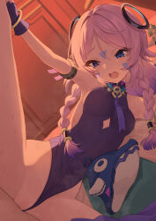 Rule 34 | 1boy, 1girl, absurdres, armlet, armpits, blue eyes, braid, breasts, citlali (genshin impact), clothing aside, facial mark, floating headgear, genshin impact, gloves, gradient hair, gueya, hair intakes, headgear, highres, itzpapa (genshin impact), jewelry, leotard, leotard aside, long hair, medium breasts, multicolored hair, on bed, open mouth, pink hair, purple hair, pussy juice, single glove, spread legs, sweat, triangle, triangle facial mark, twin braids
