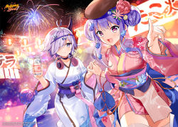 2girls :d ahoge beret blue_flower bottle commentary copyright_name double_bun english_commentary fireworks flower glass_bottle hair_bun hair_flower hair_ornament hair_over_one_eye hat headphones headphones_around_neck highres holding_hands japanese_clothes kimono lantern logo looking_at_viewer mahjong_soul mask mask_on_head milk_bottle multiple_girls murakami_yuichi official_art official_wallpaper open_mouth paper_lantern pink_eyes pink_flower purple_hair red_mask short_hair smile summer_festival suzumiya_anju takanashi_hinata thighhighs zettai_ryouiki