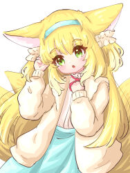 1girl animal_ears arknights arm_up blonde_hair blue_hairband blue_skirt blush brown_jacket commentary_request fox_ears fox_girl fox_tail green_eyes hairband hand_up head_tilt highres jacket kitsune long_hair long_sleeves open_clothes open_jacket parted_lips puffy_long_sleeves puffy_sleeves shirt simple_background skirt solo suzuran_(arknights) suzuran_(spring_praise)_(arknights) tail thick_eyebrows very_long_hair white_background white_shirt yopi_(user_wdgp8532)