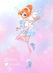 1girl alternate_costume anklet bad_id bad_twitter_id bead_anklet beads bloom_(winx_club) blue_background blue_dress blue_eyes blue_shoes blue_wings blue_wrist_cuffs breasts chest_jewel chocofish cleavage cleavage_cutout clothing_cutout commentary dress eyelashes eyeshadow fairy fairy_wings frilled_anklet full_body fur_bag gem glitter gold_tiara happy heart-shaped_bag heart-shaped_gem heart_cutout high_heels high_ponytail highres instagram_username jewelry leg_up light_particles lipstick long_hair magical_girl makeup off-shoulder_dress off_shoulder orange_hair outline outstretched_arms parted_lips pink_background pink_bag pink_eyeshadow pink_gemstone pink_lips pink_thighhighs pleated_dress ponytail see-through_clothes see-through_sleeves see-through_wrist_cuffs shoes short_dress short_sleeves smile solo sparkle standing thigh_cutout thighhighs twitter_username two-tone_background waist_bag watermark white_outline wings winx_club wrist_cuffs